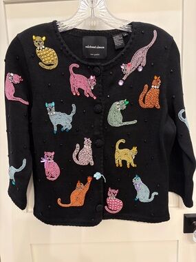 Michael Simon Black Cardigan with Multicolored Beaded Cats